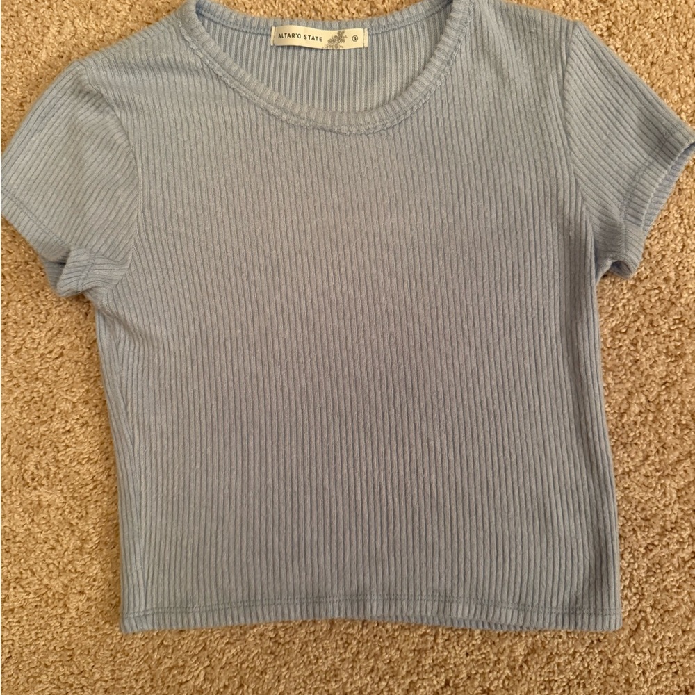 Altar'd State Light Blue Ribbed Short Sleeve Top